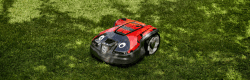 Robotic mower on the grass with a lady bug sticker skin on